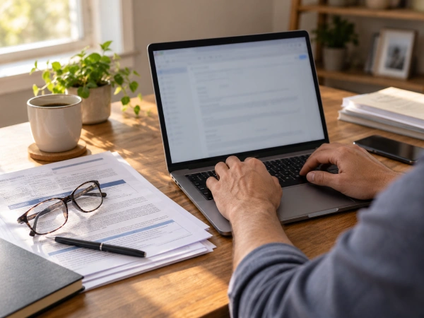 Vendedor en línea revisando el papeleo del seguro para negocios en línea