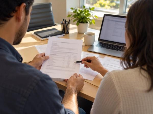 Agente de seguros revisando los límites de responsabilidad con el dueño de una casa de renta