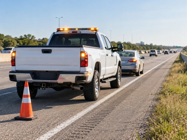 Camioneta de asistencia vial gratuita ayudando a un conductor varado en una carretera de Austin