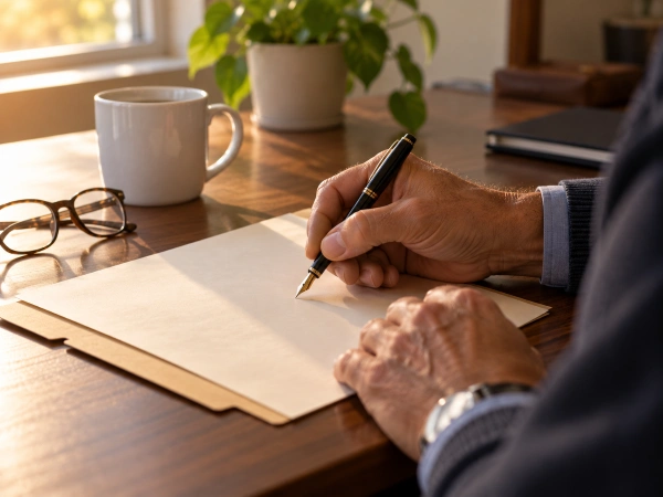 Manos firmando una designación por escrito de quién controla tus restos en Texas