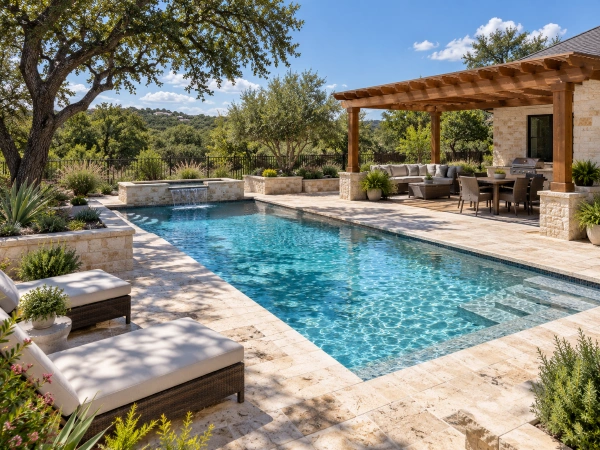 Deck, pérgola y jardín alrededor de una alberca de patio en el centro de Texas