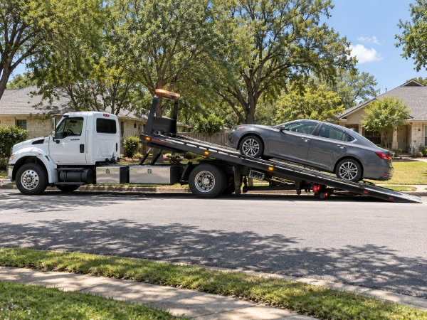 Grúa de plataforma cargando un carro con cobertura de remolque y mano de obra en Texas