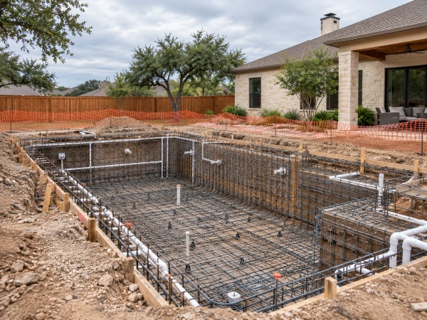 Construcción de alberca nueva en un lote residencial de Austin antes de instalar la barrera