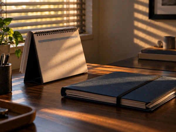 Calendario de escritorio pasado el año 2 junto a una carpeta cerrada de póliza de vida