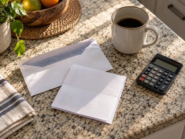 Factura de renovación y calculadora sobre la barra de la cocina