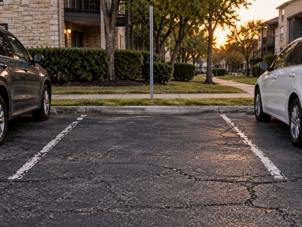 Lugar de estacionamiento vacío en un apartamento tras una grúa sin consentimiento en Austin