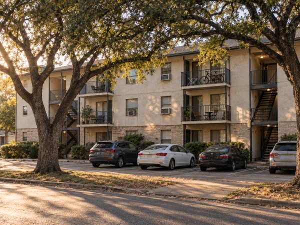 Edificio de departamentos antiguo en Austin rentado por roommates
