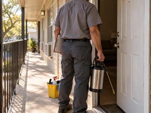 Aplicador de control de plagas con licencia tratando un apartamento en Texas