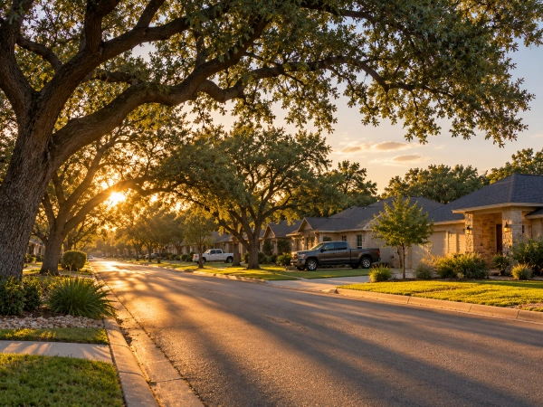 Calle residencial de Austin donde aplican las reglas de seguros de Texas
