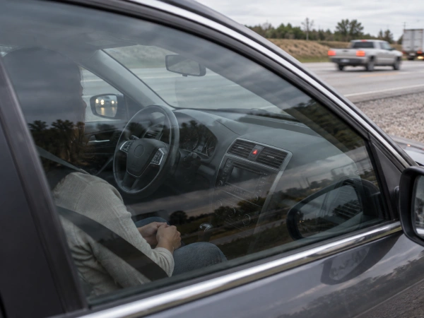 Esperar ayuda dentro del carro en el acotamiento de una carretera de Texas
