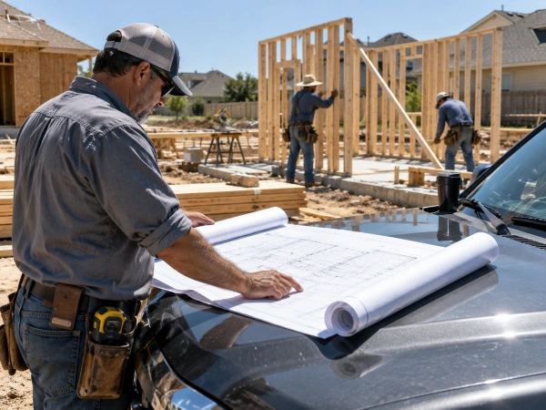 Dueño de cuadrilla de construcción en Austin revisando planos en obra