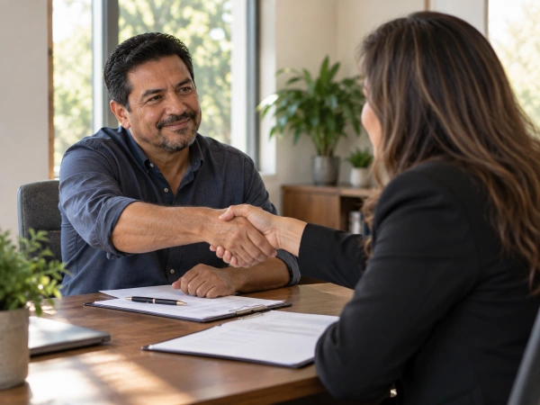 Cliente reunido con un agente de Austin antes de que venza su póliza