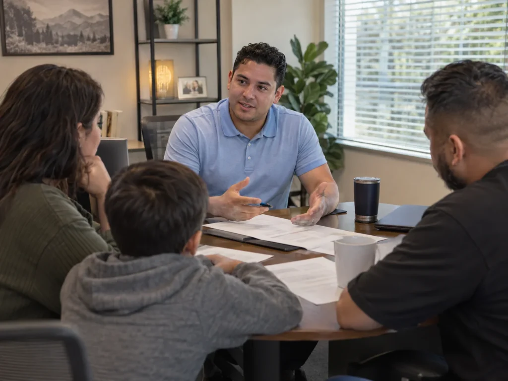Agente de seguros hispano asesorando a una familia en una oficina en Kyle, TX