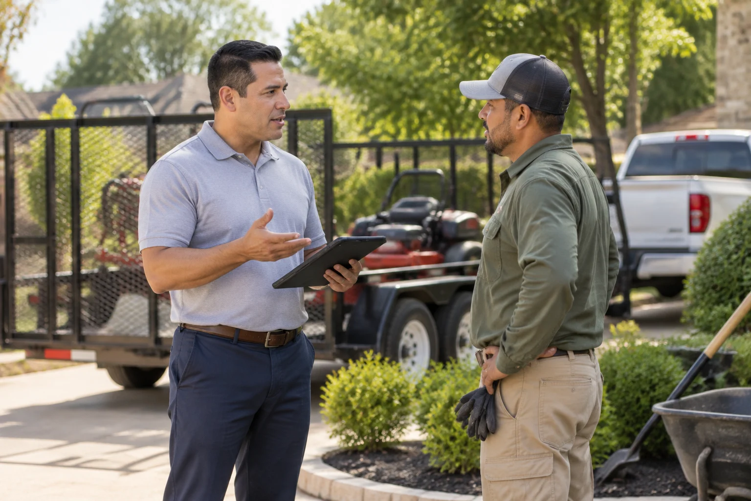 Agente de seguros conversando con profesional de jardinería sobre cobertura empresarial