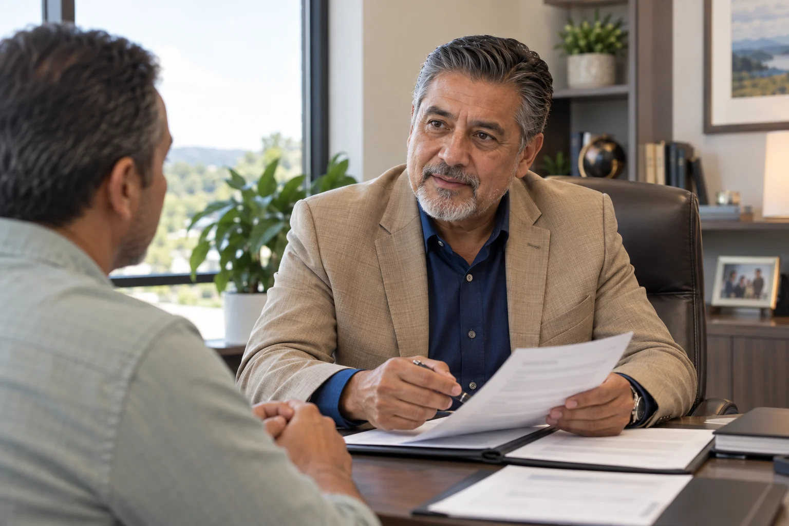 Asesor de seguros consultando documentos con cliente en oficina moderna