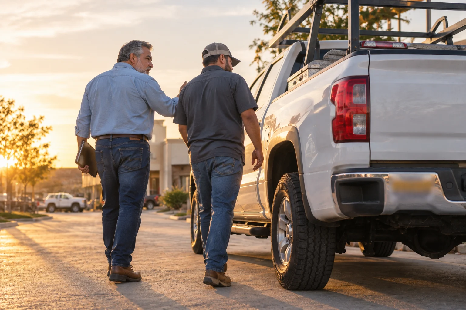 Consultor de seguros inspeccionando camioneta comercial con empresario en Buda, Texas