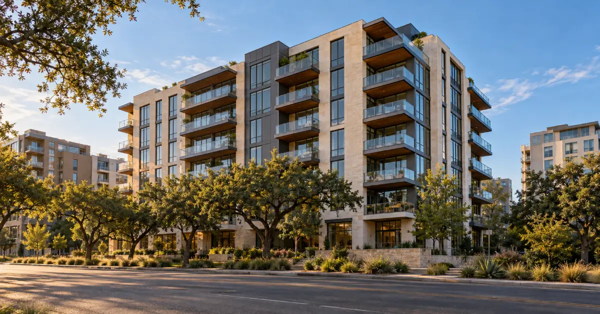 Edificio de condominios con unidades apiladas en Austin, asegurado por la HOA y por el seguro HO6 de cada dueño