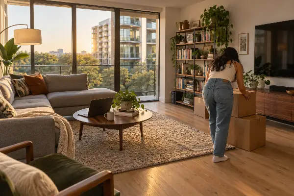 Dueña acomodando sus cosas en su condominio en Austin: el seguro HO6 cubre sus pertenencias y el interior