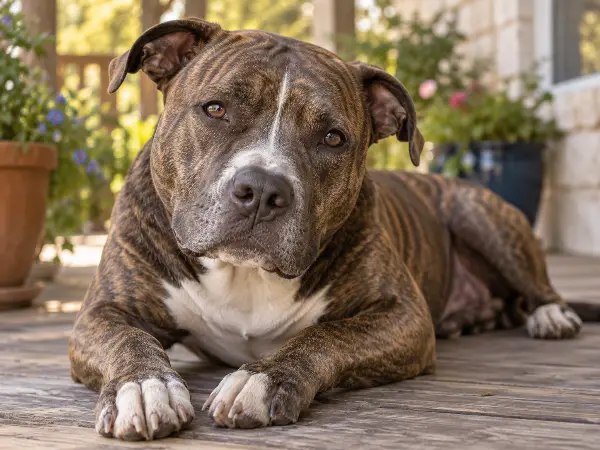 Pit bull tranquilo en el porche de una casa en Texas; la raza, la ley y el seguro de casa