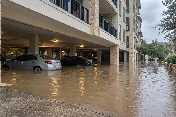 Estacionamiento inundado en un condominio de Austin: el seguro HO6 no cubre inundaciones