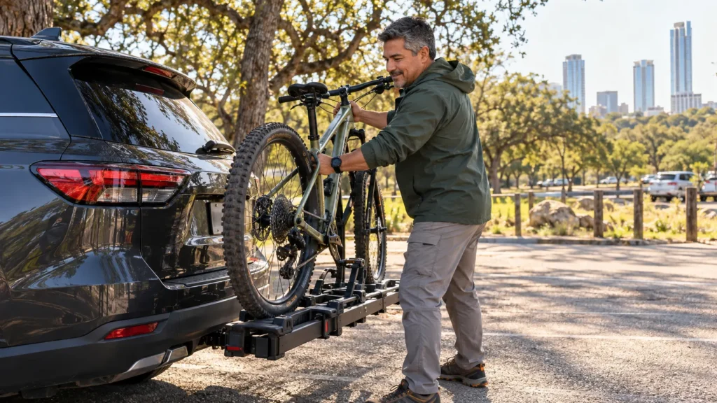 Hombre retirando una bicicleta del portabicicletas de su SUV en Zilker, Austin
