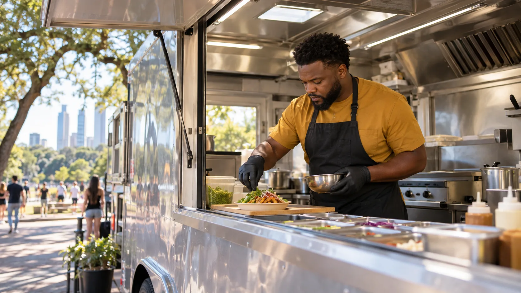 Dueño de food truck preparando alimentos en su negocio en Zilker, Austin